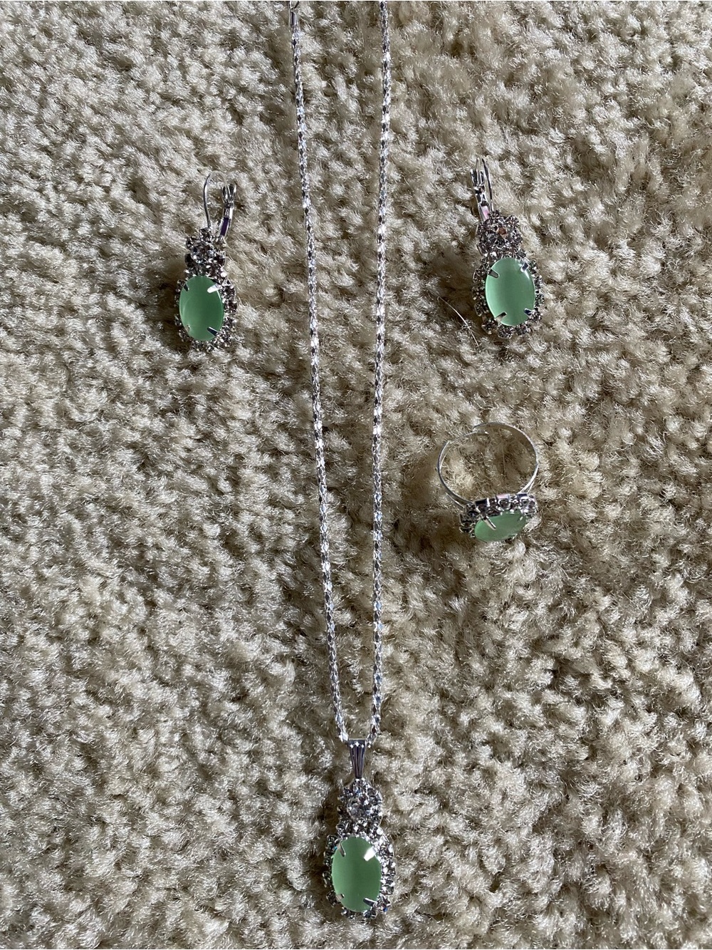 Silver Necklace and Jewelry Set with Light Green Stones